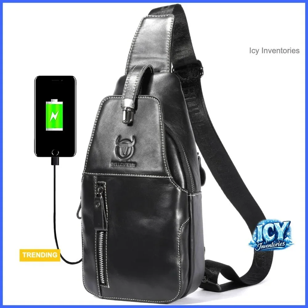 Genuine Leather Sling Bag Crossbody Backpack with USB Charging Port